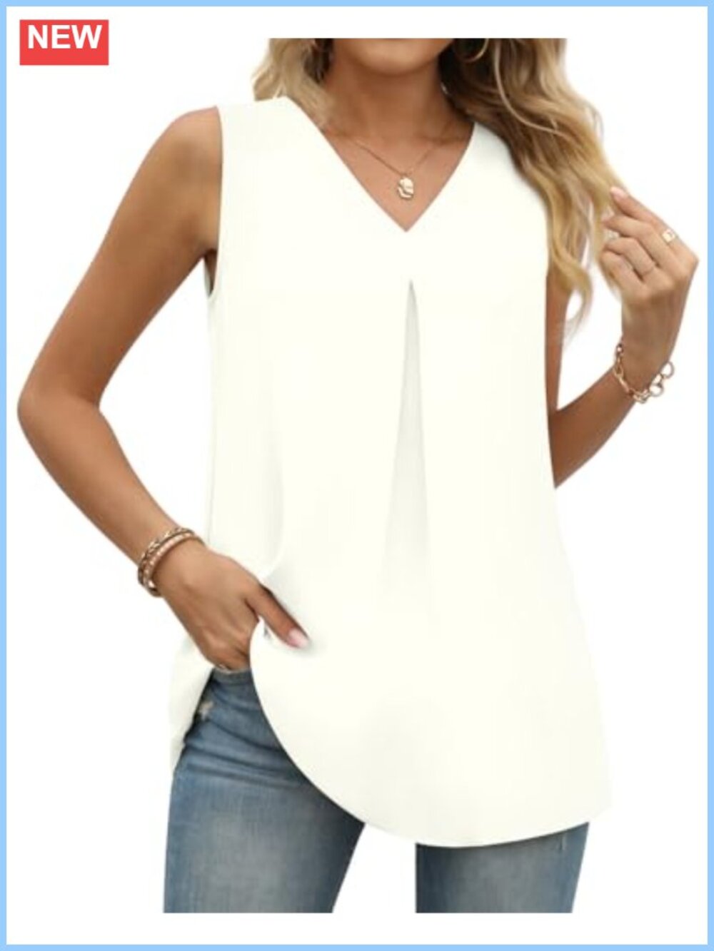 Women's Chiffon Sleeveless V Neck Pleated Tunic Tank Top Loose Fit Summer Blouse